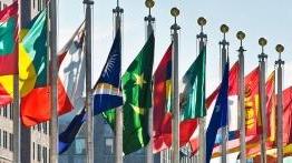 Flags displayed in a row from different countries across the world